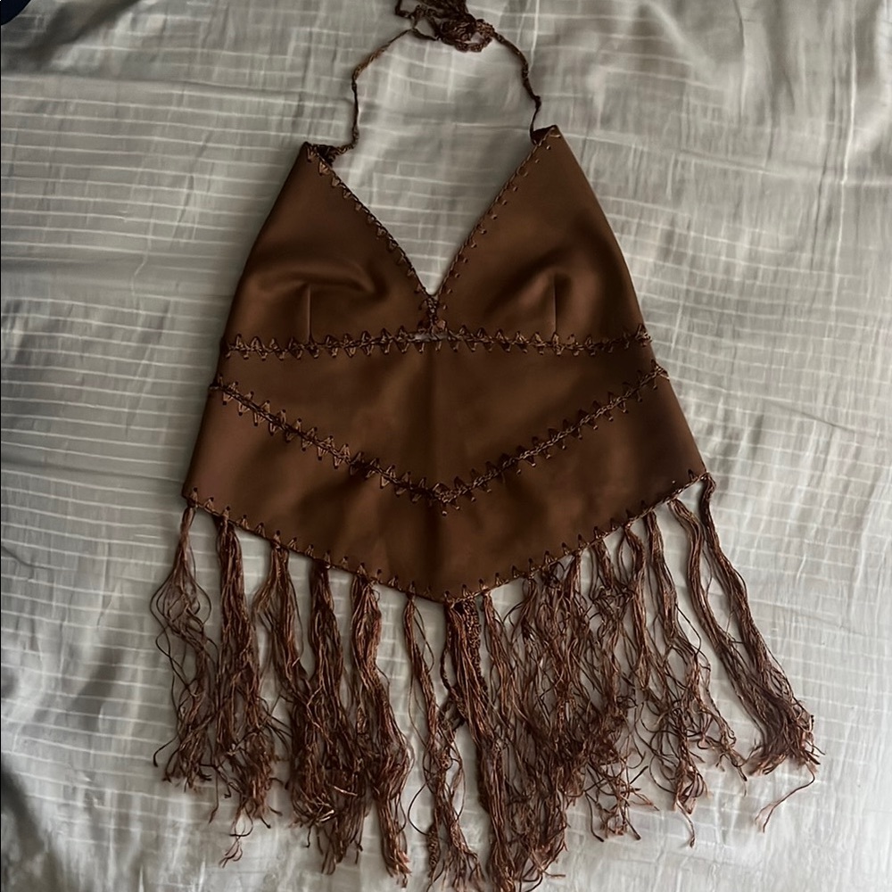 Brown Fringe Halter Top